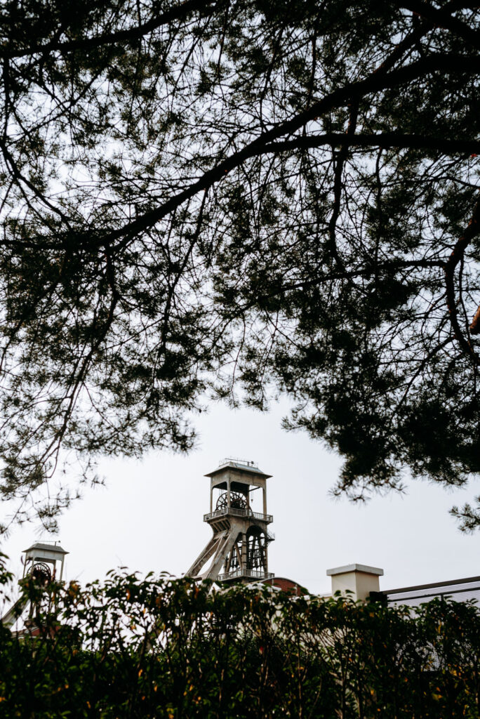 Förderturm optisch umrahmt von Ästen und Hecken