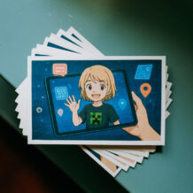 Ein rotierter Stapel Einladungskarten von oben mit ki-generiertem Anime-Portrait eines blonden Jungen, der aus einem Tablet winkt