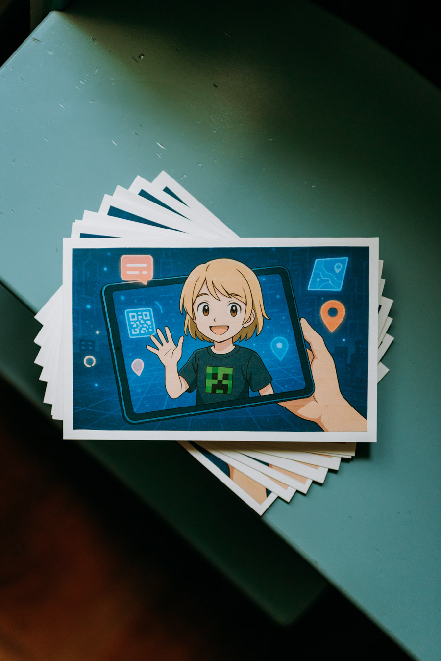 Ein rotierter Stapel Einladungskarten von oben mit ki-generiertem Anime-Portrait eines blonden Jungen, der aus einem Tablet winkt