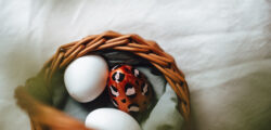 Drei Eier in einem Osterkörbchen von oben fotografiert auf einer hellen Tischdecke.