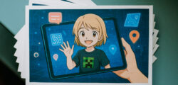 Ein rotierter Stapel Einladungskarten von oben mit ki-generiertem Anime-Portrait eines blonden Jungen, der aus einem Tablet winkt